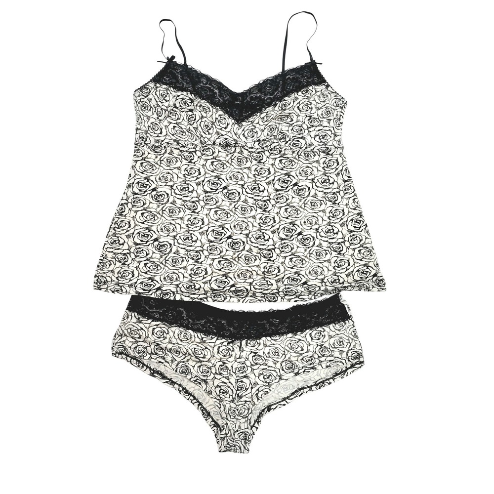 Plume Womens Black White‎ Rose Print Lace Trim 2-Piece Cami Pajama Set XL NEW